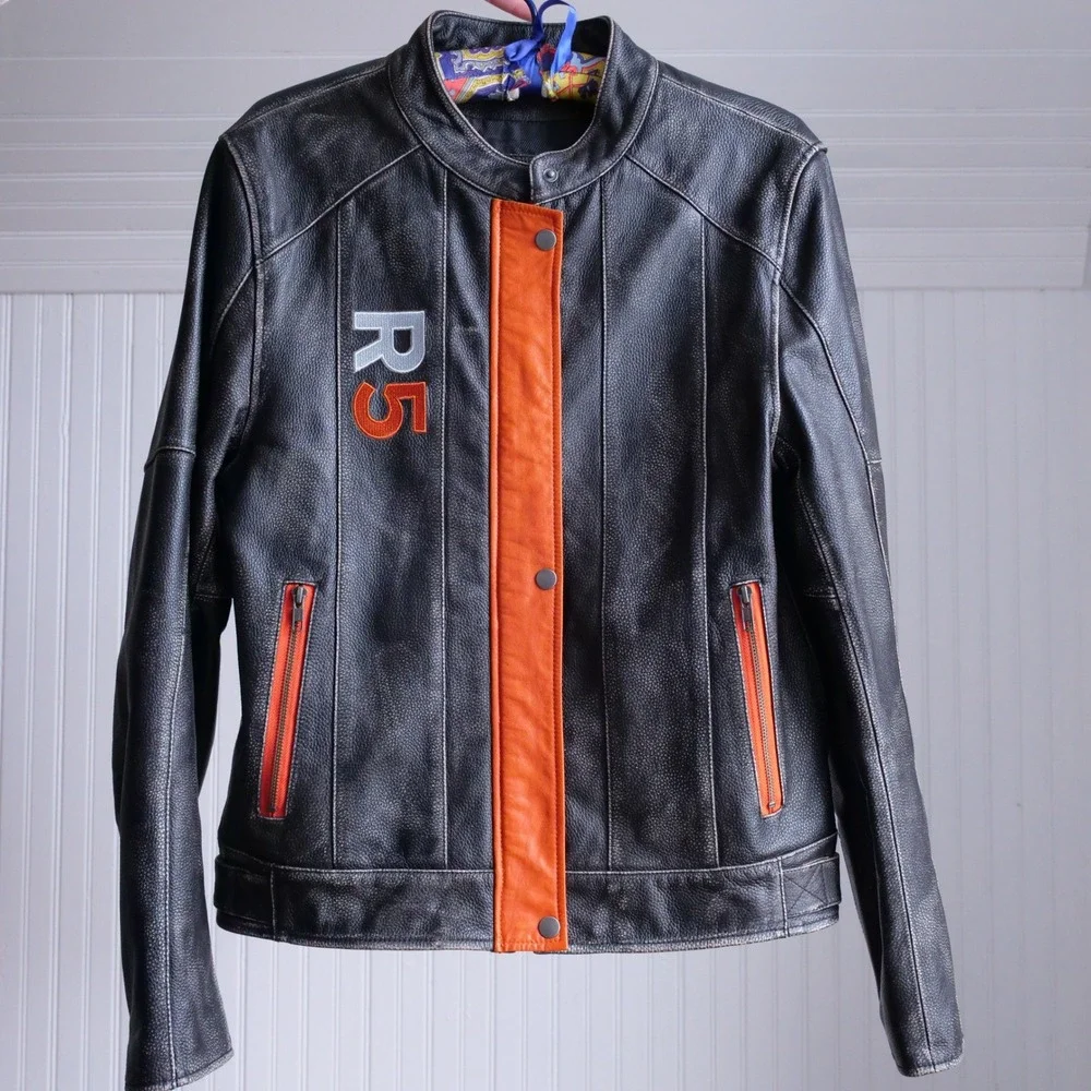 y2k‎ Private Divisions orange and black cafe racer leather jacket